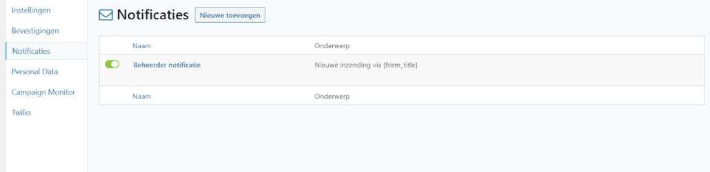 Nieuwe toevoegen notificaties Gravity Forms