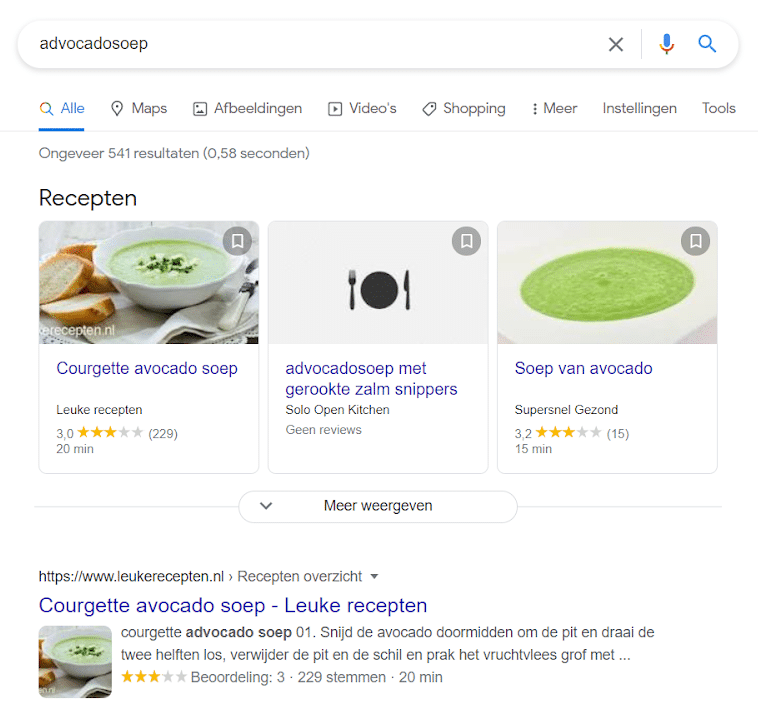 Soeprecepten als Featured snippets