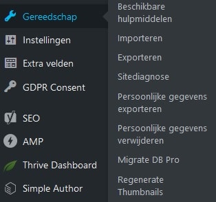 Submenu-items van Gereedschap in wp-admin