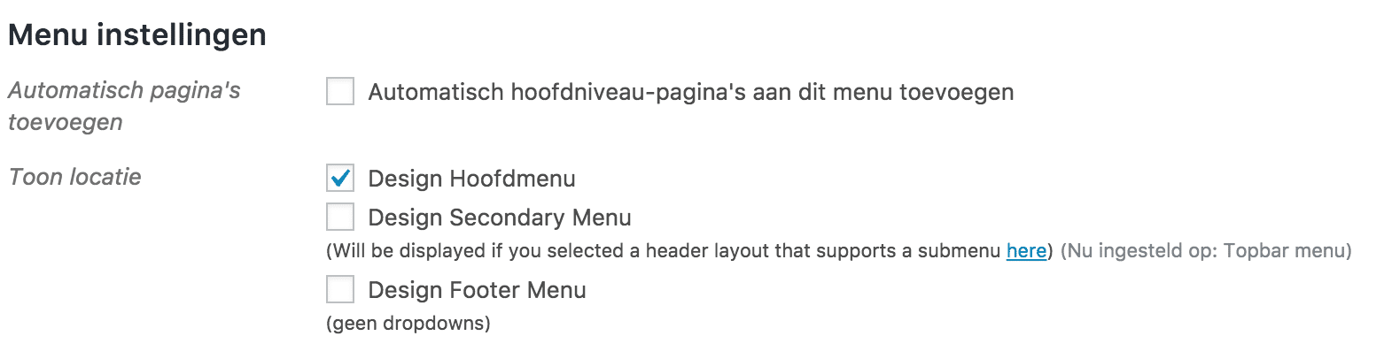 WordPress hoofdmenu instellingen