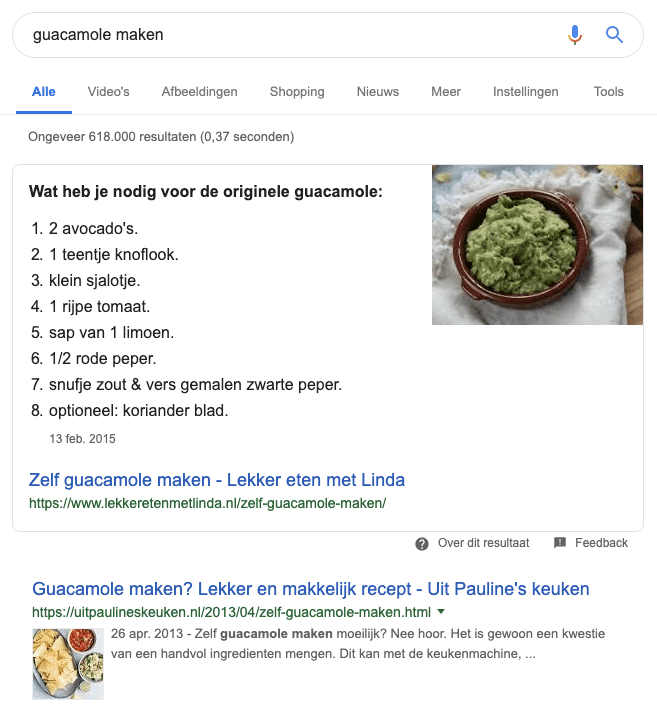 Recept featured snippet in Google