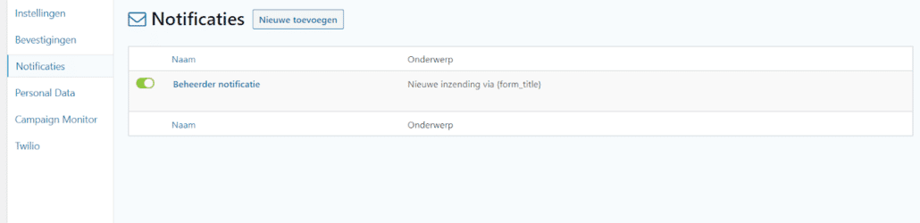 Nieuwe toevoegen notificaties in de  formulier-plugin Gravity Forms
